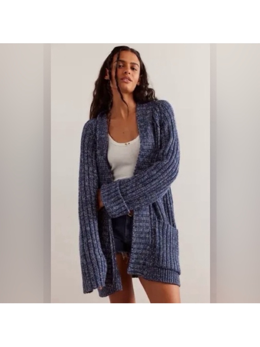 Free People Blossom Cardi Sweater Blue Cotton Chunky Oversized Relaxed Fit Sz S